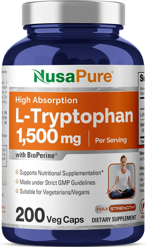 NusaPure L-Tryptophan 1500mg, 200 Vegetarian Caps, Non-GMO, Vegan with Bioperine