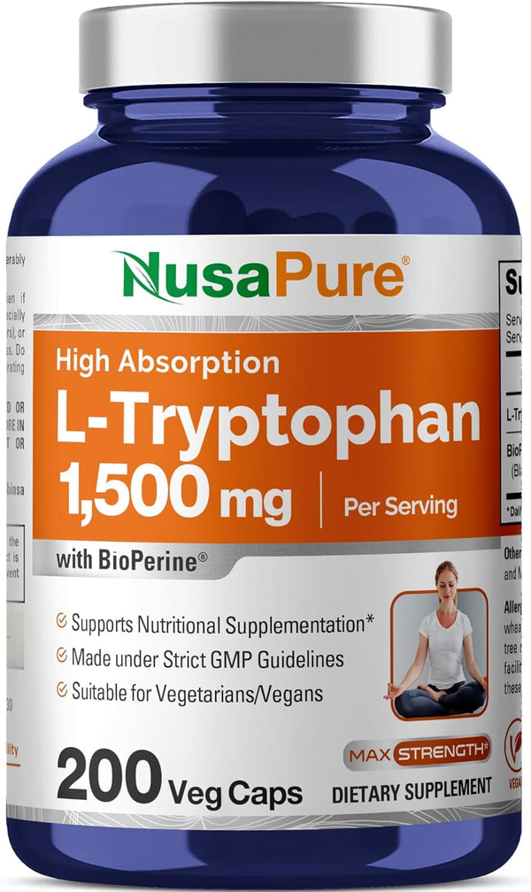 NusaPure L-Tryptophan 1500mg, 200 Vegetarian Caps, Non-GMO, Vegan with Bioperine