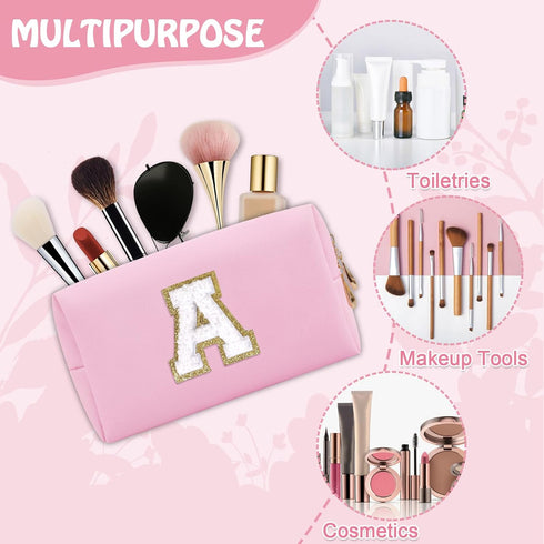 Personalized Initial Preppy Patch Makeup Bag, Small Pink Cosmetic Pouch with Zipper for Women, Monogram Waterproof