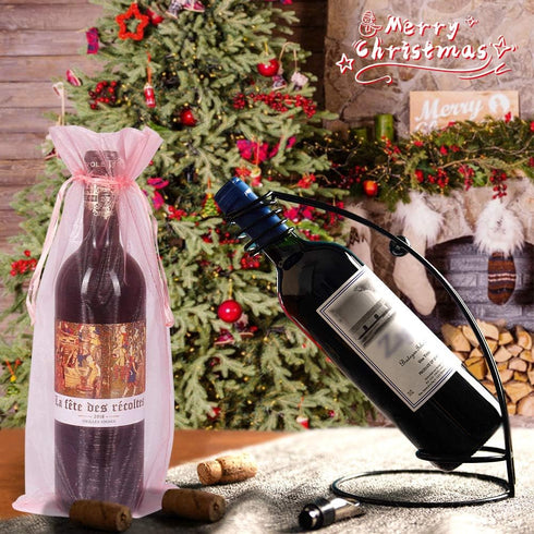 Package 30pcs HRX Organza Wine Bags Pink, Sheer Mesh Bottle Gift Pouches Wine Covers Dresses with Drawstring