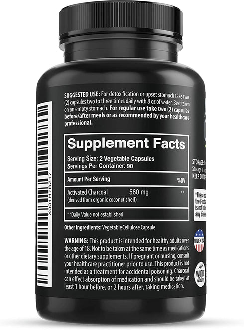 Pure Coconut Activated Charcoal Capsules, 180 Charcoal Pills for Teeth Whitening, Bloating, Body Cleansing, Vegan