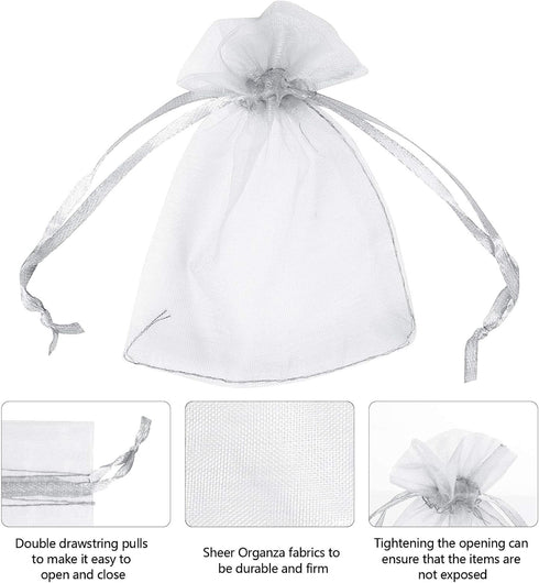 Boshen 100/200PCS White Organza Gift Candy Sheer Bags, Mesh Jewelry Pouches Drawstring for Wedding Party Favors