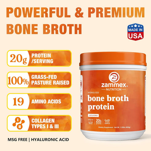 Zammex 20g Pure Grass Fed Beef Bone Broth Protein Powder, Protein, Hydrolyzed Collagen Supplement for Healthy Skin