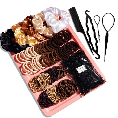 YANRONG 1159PCS Hair Accessories Set, Seamless Ponytail Holders, Variety Scrunchies for Thick Curly Hair, Brown