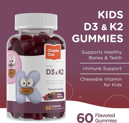 Zahler Chapter One Vitamin D3 K2 Gummies, 1000IU of Vitamin D3 & 45MCG of Vitamin K2, Kosher, 60 Gummies