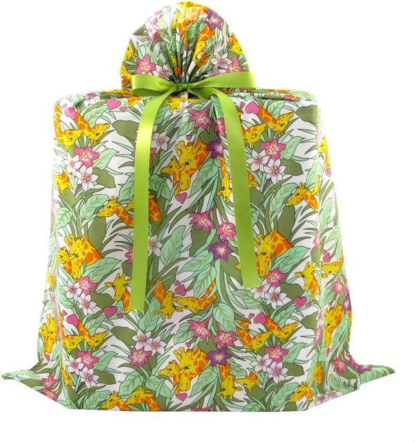 VZWraps Giraffes Reusable Fabric Gift Bag for Baby Shower or Birthday (Jumbo 27 Inches Wide by 33 Inches High)