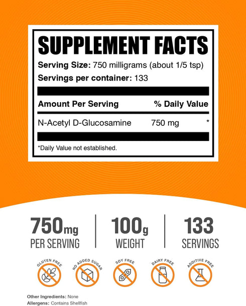 BulkSupplements.com N-Acetyl Glucosamine Powder - NAG Powder, Glucosamine 750mg, Glucosamine Supplement - Glucosamine Powder, Gluten Free, 750mg of per Serving, 100g (3.5 oz) (Pack of 1)