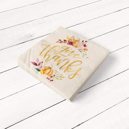 xo, Fetti 50 Count Thanksgiving Gold Foil Napkins, 5 x 5 Inches, 3ply, Autumn Leaves, Pumpkins, Fall Table Decorations