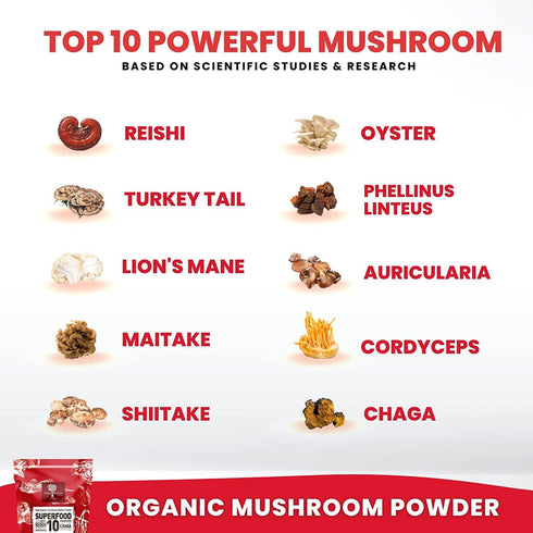 Organic Mushroom Powder Extract - Superfood 10 Supplement, 100% Pure USDA Immunity Booster, 60 Grams