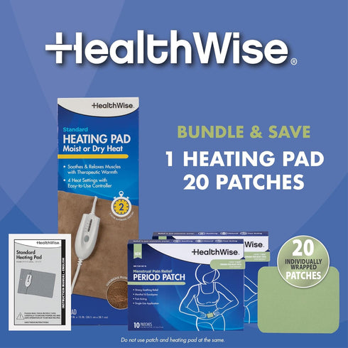 HealthWise Menstrual Pain Relief Bundle, 20Ct Menthol + Eucalyptus Period Patches, Heating Pad for Therapeutic Care