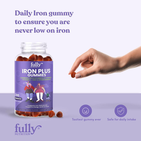 Iron Gummies Supplements for Adults & Kids, Grape Flavor for Anemia, Energy & Focus - 200 Count
