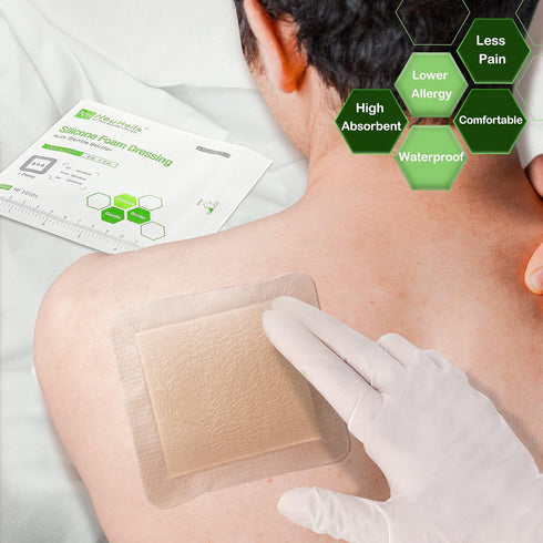 NeuHeils Silicone Adhesive Foam Dressing with Gentle Border 4''x4'' for Bed Sore Leg Ulcer, 10 Pack, High Absorbency