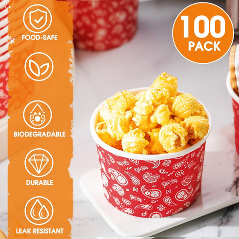 Nuanchu 100 Pack Red Bandana Paper Ice Cream Cups 9 oz Western Cowboy Disposable Dessert Bowls West Party Snack Cups Soup Cups for Hot or Cold Food for Cowboy Birthday Party Decoration