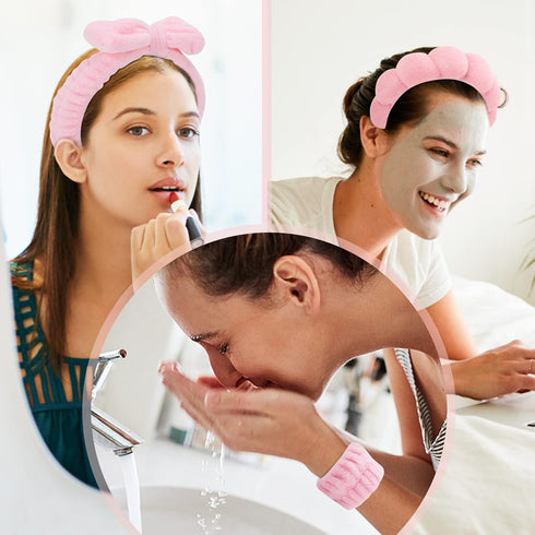 Puffy Spa Headband & Skincare Headbands for Women Makeup,Terry Cloth Towel Head Band for Skin Care,Sponge Make Up Hair Band for Girls,Face Wash Wristband Scrunchies Set 4 Pcs