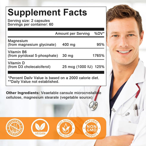 Magnesium Supplement Softgels, Easy Absorption Magnesium Glycinate 400mg with Vitamin B6, D3