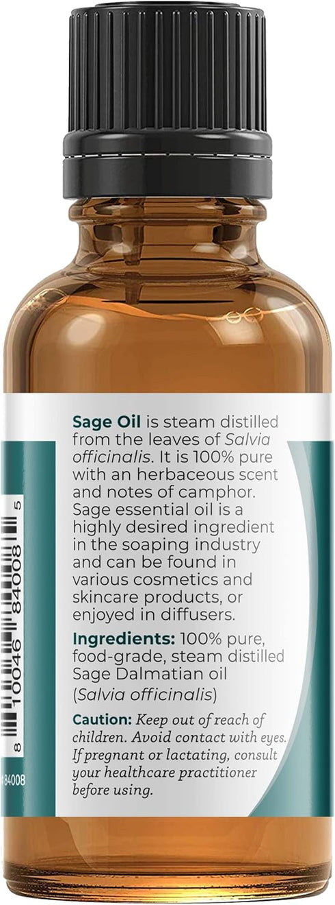 Viva Doria 100% Pure Sage Essential Oil, Undiluted, Food Grade, Sage Dalmatian Oil, 1 Fluid Ounce (30 mL) Natural Aromatherapy Oil