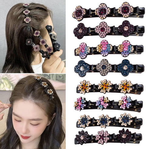 Sparkling Crystal Stone Braided Hair Clover Clips - 8 Pcs Hair Accessories for Thick and Thin Hair Styling