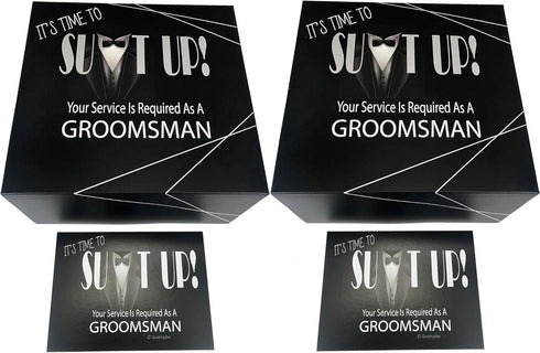 Groomsmen Gift Boxes Set of 2 (8x8x4 in) with Silver Foil Design and Matching Proposal Cards for Wedding Team