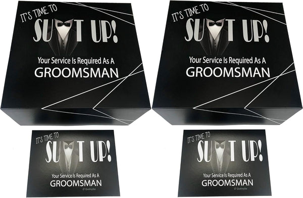 Groomsmen Gift Boxes Set of 2 (8x8x4 in) with Silver Foil Design and Matching Proposal Cards for Wedding Team