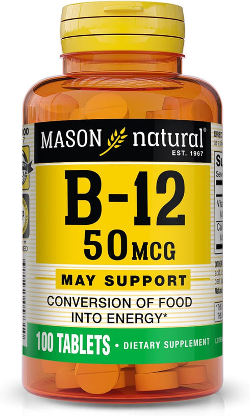MASON NATURAL Vitamin B12 50 mcg with Calcium, 100 Tablets | Supports Energy Conversion and Nerve Function