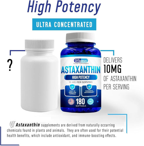 WeLikeVitamins Astaxanthin 10mg Softgel, Organic Supplements for Eye, Joint, Skin Health & Energy, 180 Servings