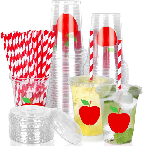 Whaline 50Pcs Back to School Apple Disposable Plastic Cups, 12oz Red Apple Cold Beverage Drinking Cups with Lids and
