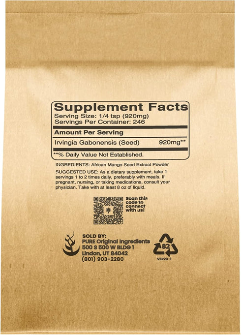 PURE ORIGINAL INGREDIENTS Irvingia Seed Extract (8 oz) African Mango, Always Pure, Herbal Supplement, No Fillers or Additives
