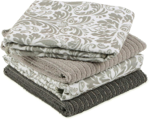 DII Cleaning Collection Multi-Purpose Microfiber Dishtowel Set, Gray Damask