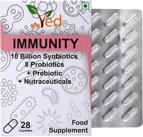 Ved Immunity Complex Probiotics and Prebiotics Complex - 10 Billion CFU - 20 Live Bacterial Cultures - 28 Probiotic Complex Capsules for Children - Lactobacillus Plantarum, Casei.
