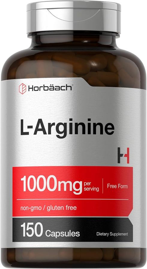 Horbaach L Arginine 1000mg Capsules | 150 Powder Pills | Non-GMO & Gluten Free Supplement