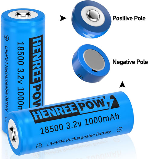 Henreepow 18500 3.2V Rechargeable Battery, 1000mAh LiFePO4 Lithium Phosphate for Outdoor Garden Solar Lights,