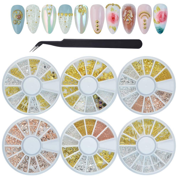 Nail Studs 3D Nail Charms Decals for Women, 6 Box Metal Mixed Shaped Rhinestones Jewelry Caviar Beads Kit