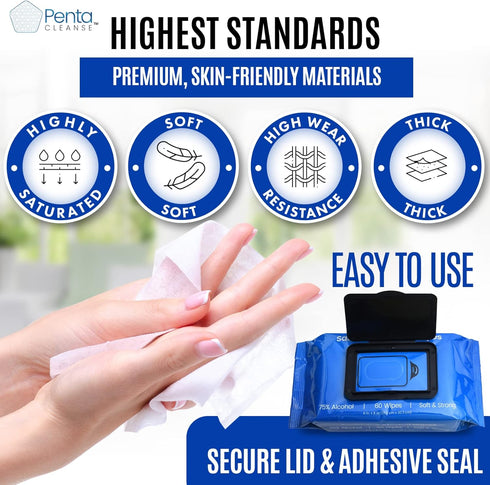 PentaCleanse 75% Package, 6 8 Inch (15.2 20.3 cm), 4 Pack (240 Advanced Alcohol Hand Wipes - Sanitizing, Cleaning, FDA
