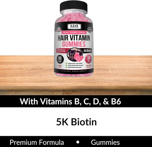 Kaya Naturals Hair Growth Gummies - Biotin 5000mcg Vitamins for Healthy Hair, Skin, Nails - 60 Count, Blueberry Flavor