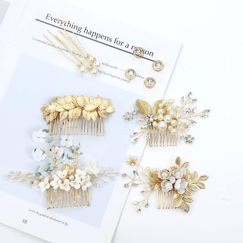 inSowni 36 Pack Gold Flower Leaf Bridal Wedding Hair Side Combs, U-shaped Pearl Hair Pins, Rhinestone Hair Clips