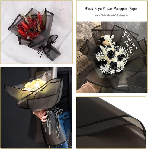 Gloreyan 20 Sheets Black Flower Wrapping Paper | Waterproof Floral Gift Box Packaging Material for DIY Crafts