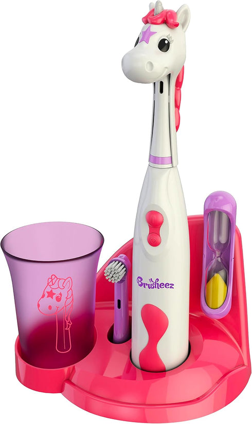 Brusheez Kids’ Electric Toothbrush Set (Sparkle The Unicorn) - Safe & Effective for Ages 3+, 2 Brush Heads, Rinse Cup