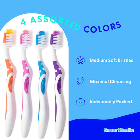 SmartSmile 72 Packaged 21-544 Pcs Bulk Adult Toothbrushes Individually - Assorted Colors - Soft Bristles - Popular