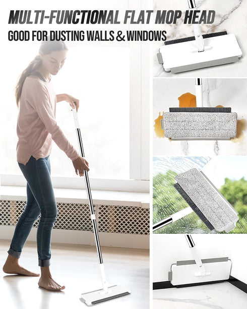Microfiber Mops for Floor Cleaning with 3 Reusable Chenille Pads, Dust Wet and Dry Mop for Hardwood Floors Laminate, Multifunctional Flat Floor Mop with Feather Duster,Scrape