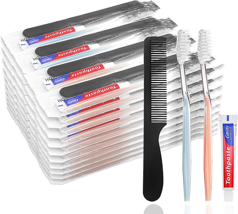 30pcs Disposable Toothbrushes with 10g Toothpaste and 7inch Black Comb, Individually Wrapped for Homeless, Hotel, Airbnb