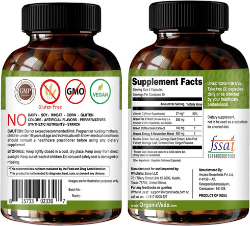 Organic Veda Moringa & Matcha Green Tea Extract Supplement with ECGC, Vitamin C & Antioxidant - Energy Boost & Metabolism Support Moringa Capsules with Green Coffee Bean, Turmeric & Ginger - 60 Count