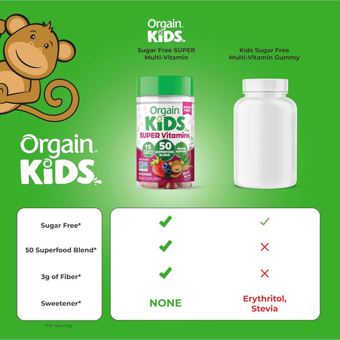 Orgain Kids Sugar Free Multivitamin Gummies, Vegan, 50 Superfoods, 15 Vitamins, Mixed Berry, 60 Gummies