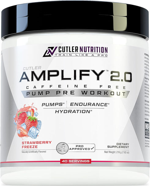Cutler Nutrition Amplify Caffeine Free Pre Workout - Stimulant Free Muscle Pump Enhancer with Nitrates (Strawberry