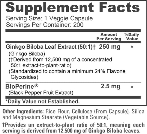 NusaPure Ginkgo Biloba 50:1 Extract - 250 mg Equivalent to 12,500 mg per Veggie Caps, 200 Capsules (Vegetarian,