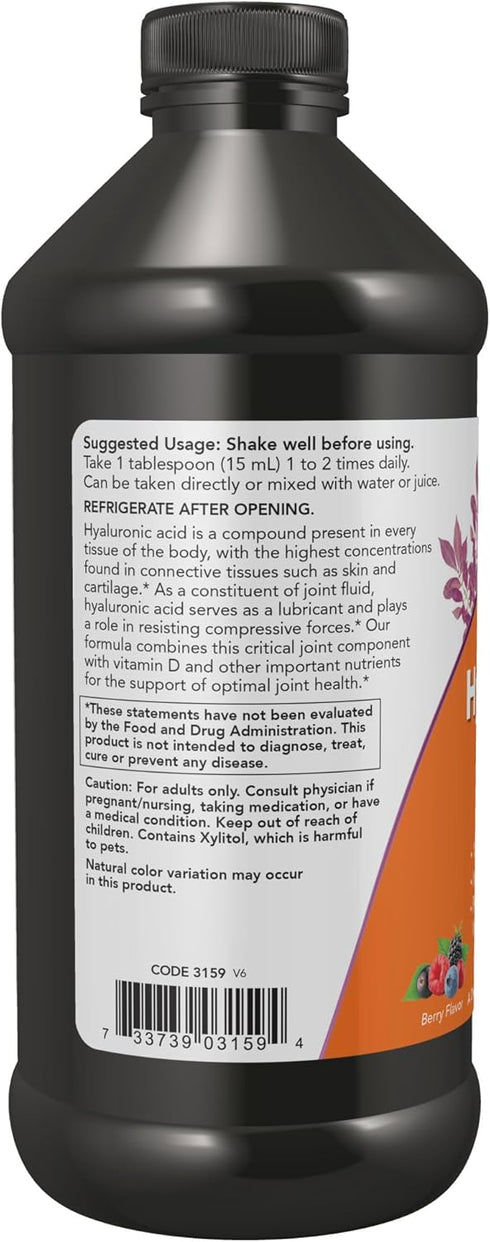 NOW Supplements Liquid Hyaluronic Acid, Delicious Berry Flavor, 100 mg Per Serving, 16-Ounce