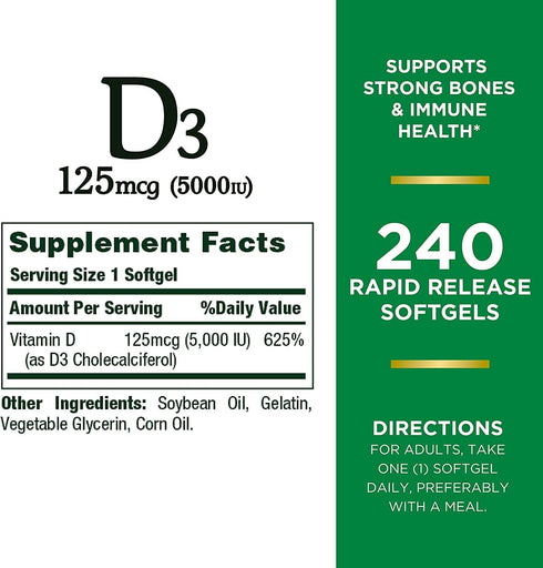 Nature's Bounty Vitamin D3, Immune Support, 125 mcg (5000iu), 240 Ct - Rapid Release Softgels, Pack of 2