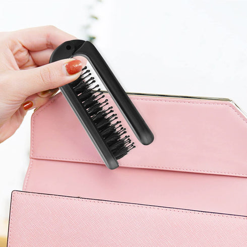 2Pcs Travel Folding Hair Brush, Portable Pocket Boar Bristle Hair Brush for Thin Thick Hair, Black