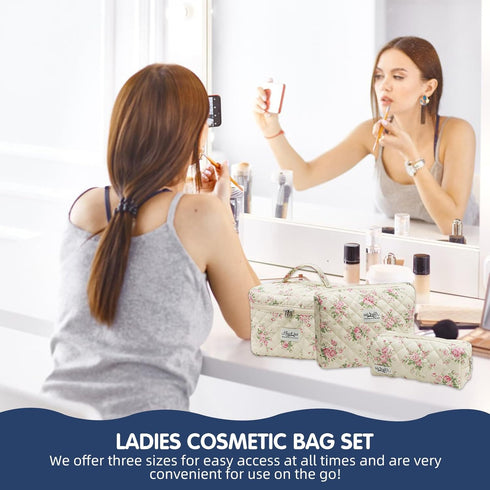 Quilted Floral Makeup Bag 3PCS | Cute Cotton Travel Toiletry Bag, Large Capacity for Daily Use
