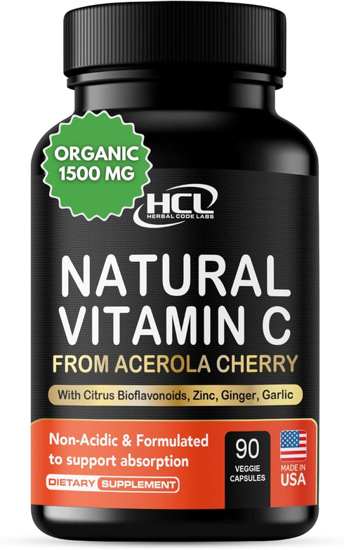 Natural Vitamin C from Organic Acerola Cherry - High Absorption with Garlic Ginger & Citrus Bioflavonoids for Immune