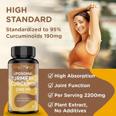 Liposomal Turmeric Curcumin Supplement 2200 mg with Black Pepper Extract 15 mg for Joint Function, 60 Softgels
